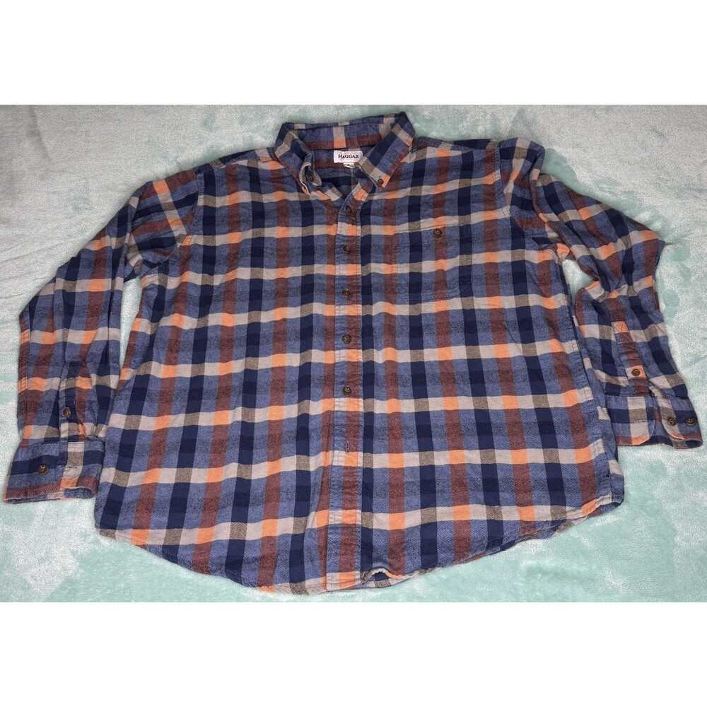 Haggar Casuals Mens XL Blue Orange Plaid Long Sleeve Button Down Shirt Pocket
